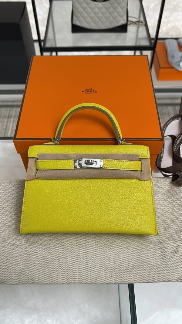 Hermès Mini Kelly 20 Jaune de Naples/Beton Chevre With Silver Hardware