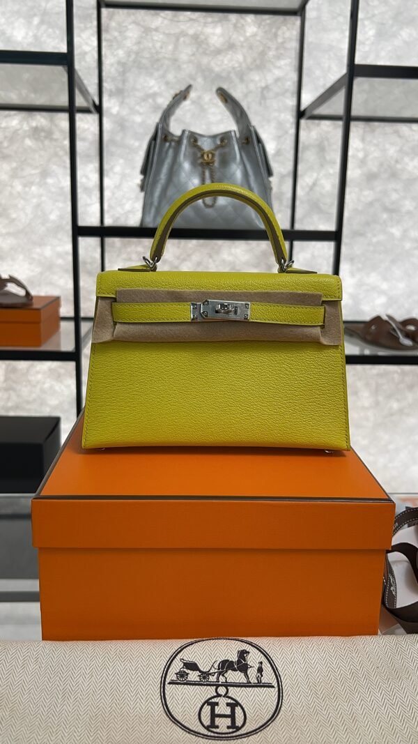 Hermès Mini Kelly 20 Jaune de Naples/Beton Chevre With Silver Hardware