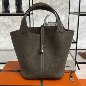 2025_09_07_10_39_IMG_6713 Hermes Etoupe Taurillon Clemence Leather Picotin Lock 22 Bag