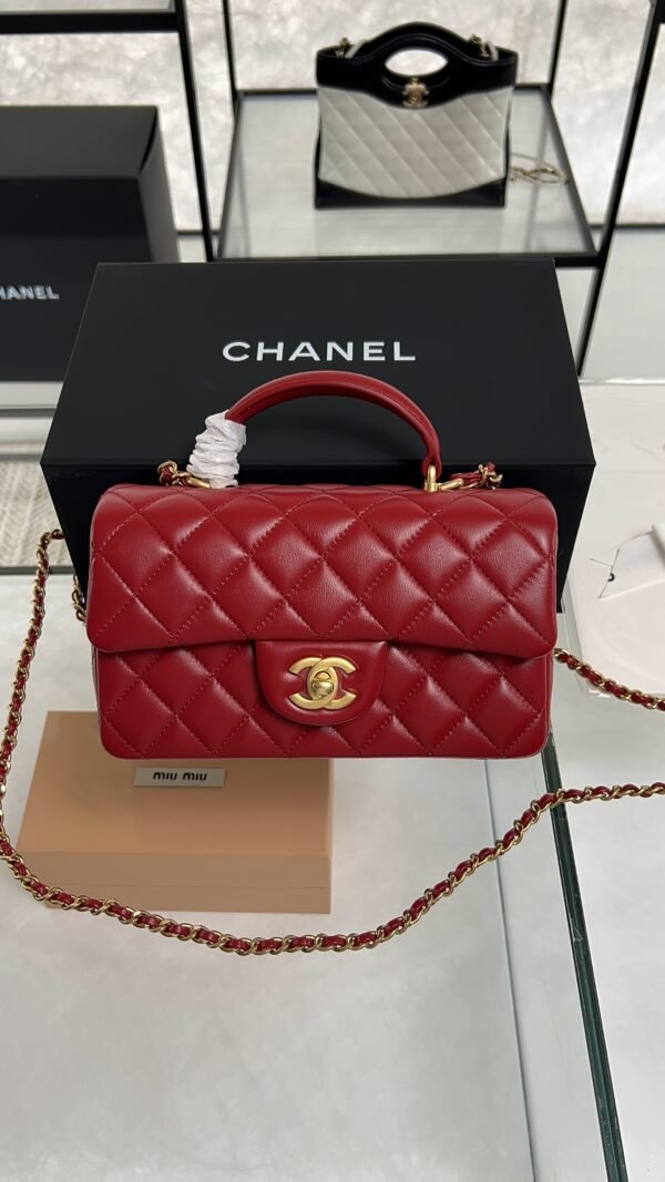 Chanel Lambskin Quilted Mini Top Handle Rectangular Flap Rose