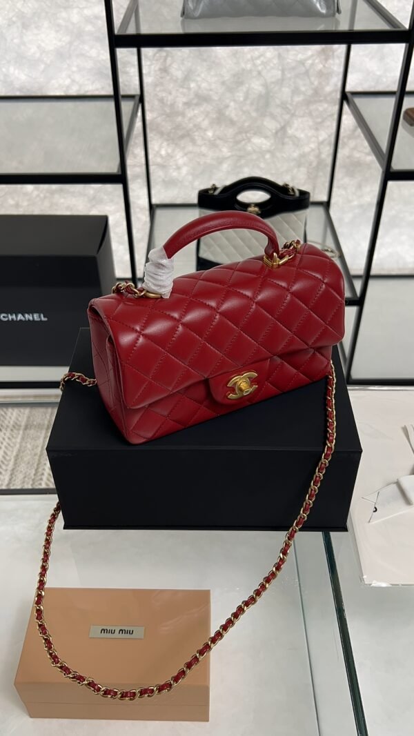 Chanel Lambskin Quilted Mini Top Handle Rectangular Flap Rose
