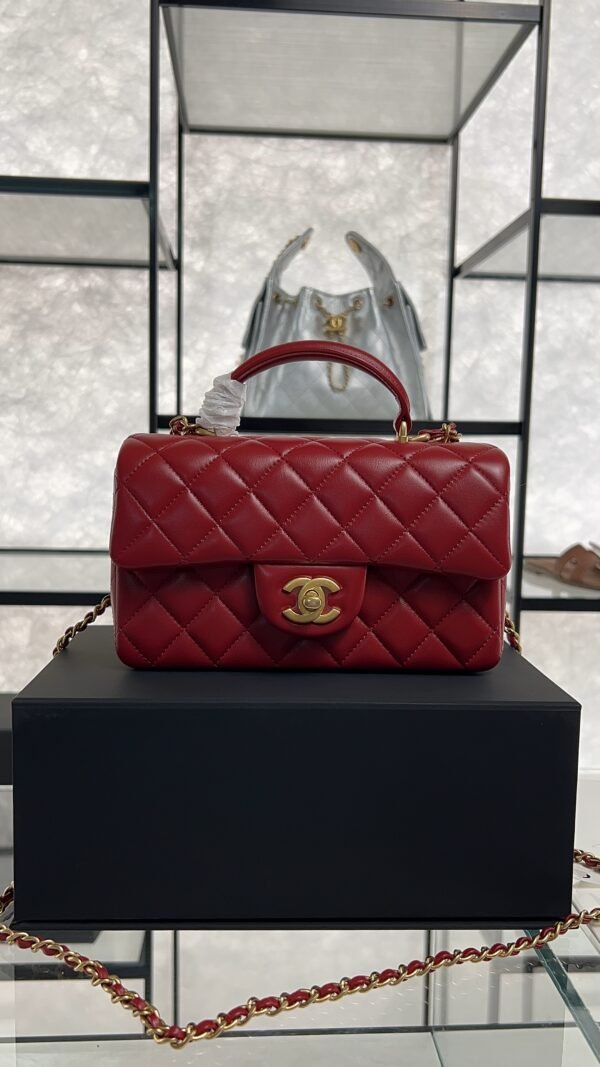 Chanel Lambskin Quilted Mini Top Handle Rectangular Flap Rose
