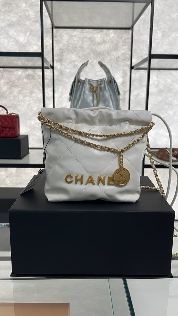 CHANEL 22 Mini Handbag Shiny Calfskin & Gold-Tone Metal White