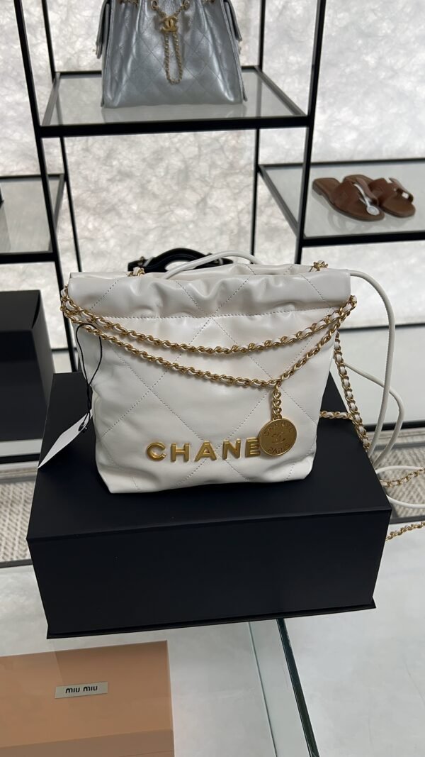 CHANEL 22 Mini Handbag Shiny Calfskin & Gold-Tone Metal White