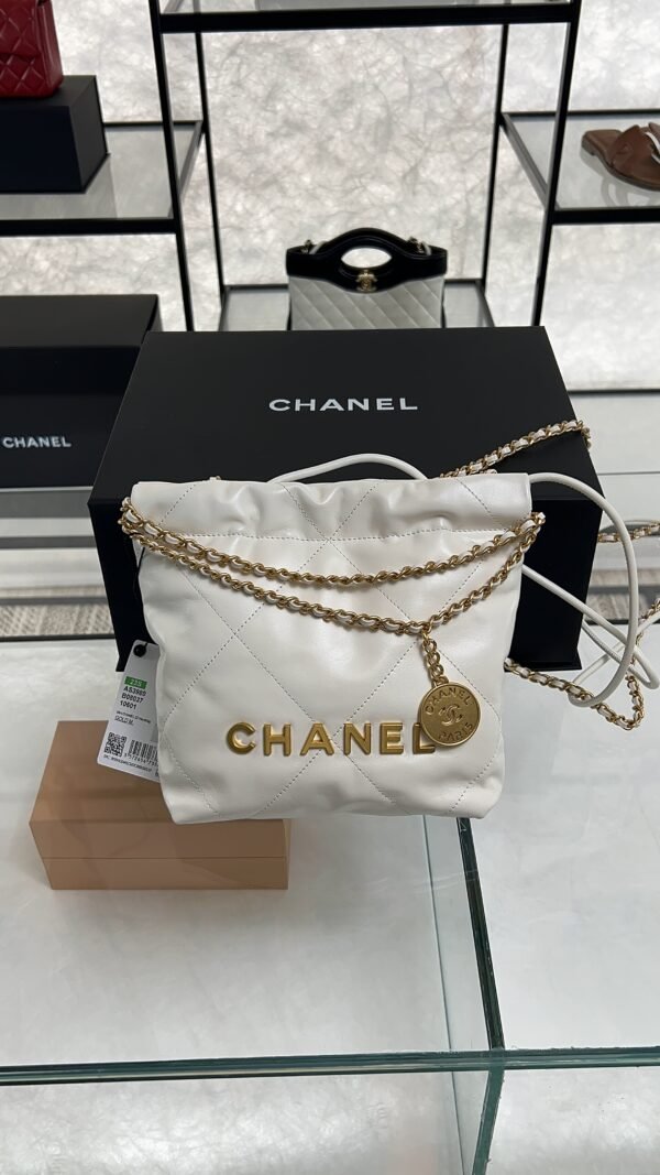 CHANEL 22 Mini Handbag Shiny Calfskin & Gold-Tone Metal White