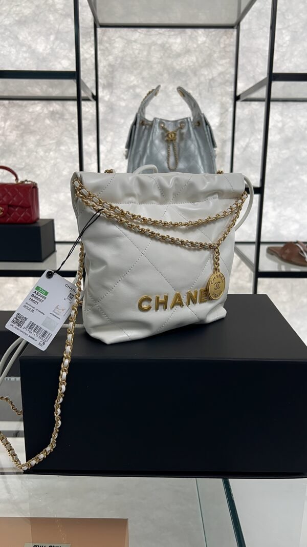 CHANEL 22 Mini Handbag Shiny Calfskin & Gold-Tone Metal White