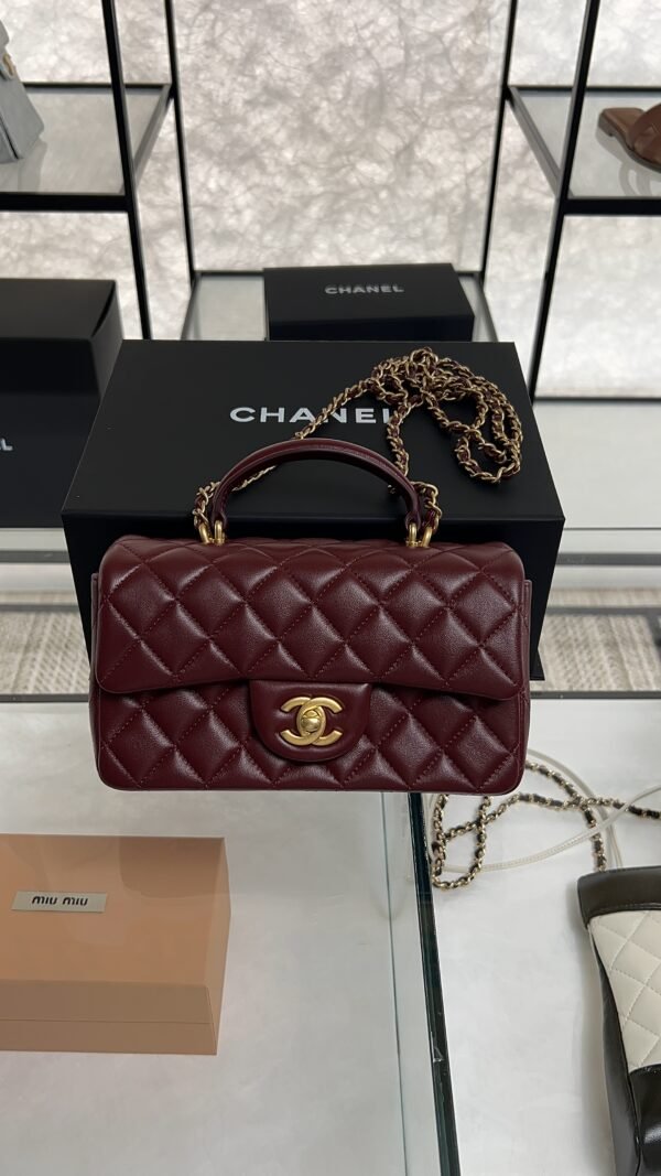 Chanel Lambskin Quilted Mini Top Handle Rectangular Flap Burgundy