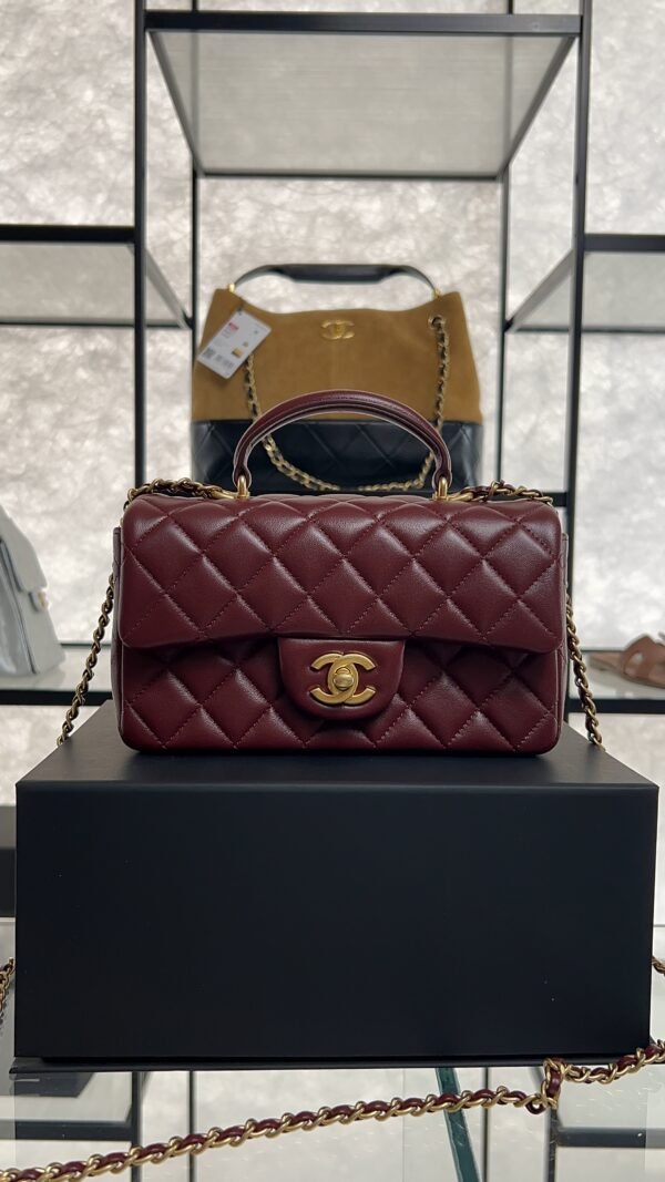 Chanel Lambskin Quilted Mini Top Handle Rectangular Flap Burgundy