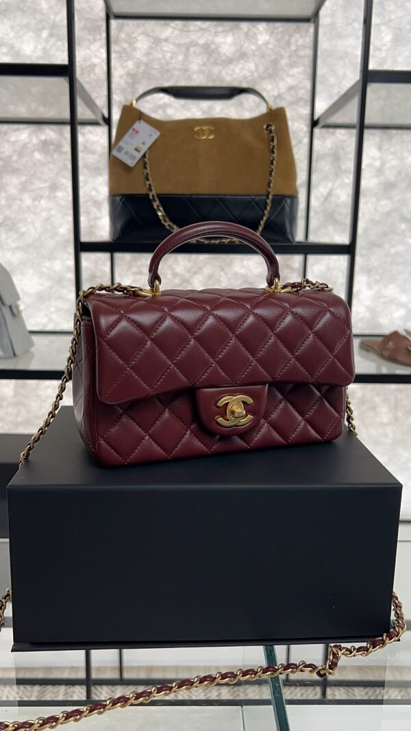 Chanel Lambskin Quilted Mini Top Handle Rectangular Flap Burgundy