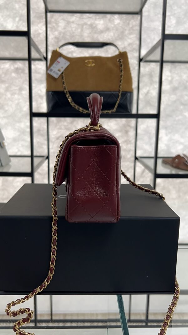 Chanel Lambskin Quilted Mini Top Handle Rectangular Flap Burgundy