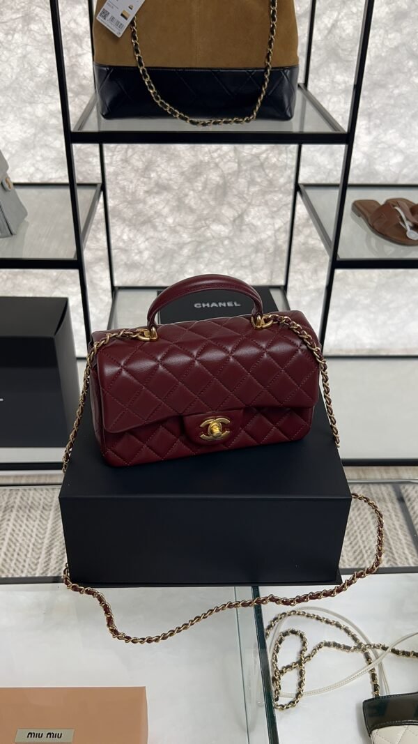 Chanel Lambskin Quilted Mini Top Handle Rectangular Flap Burgundy