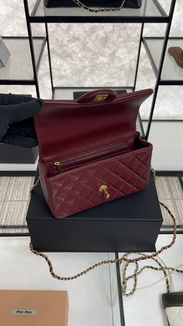 Chanel Lambskin Quilted Mini Top Handle Rectangular Flap Burgundy