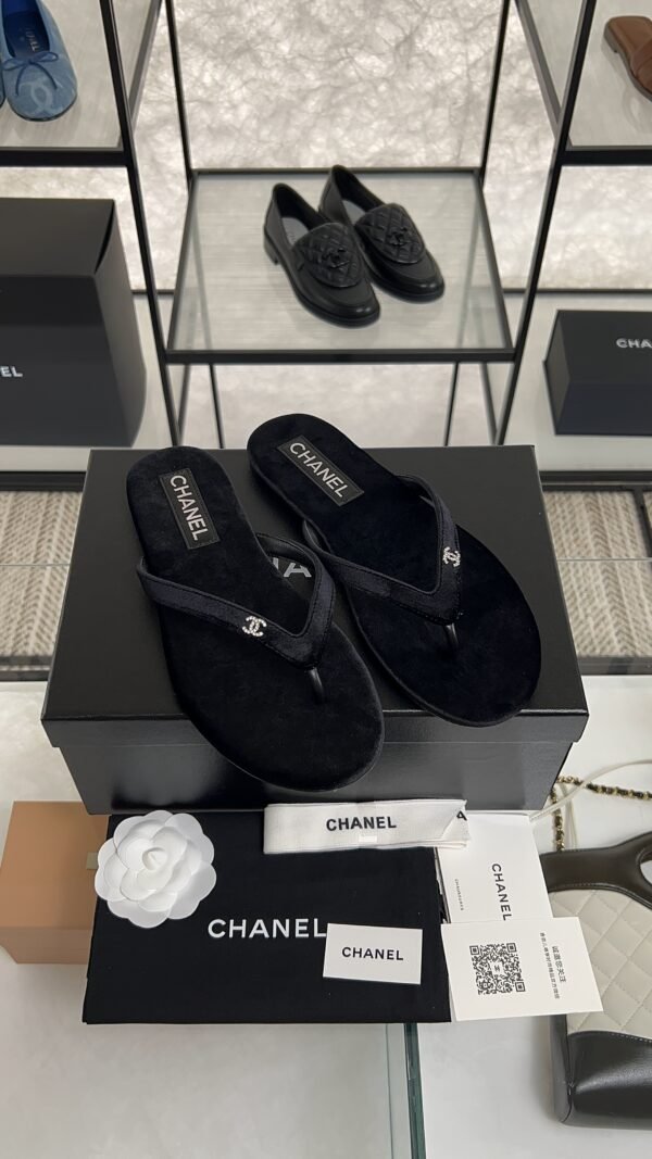 Chanel CC Black Velvet Crystal Thong Sandals