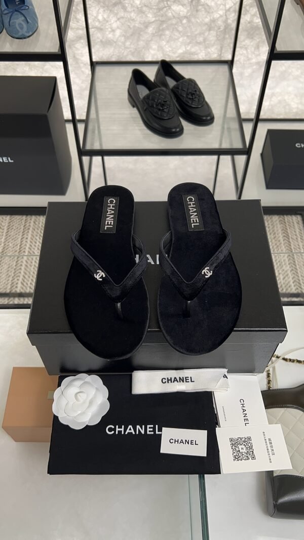 Chanel CC Black Velvet Crystal Thong Sandals
