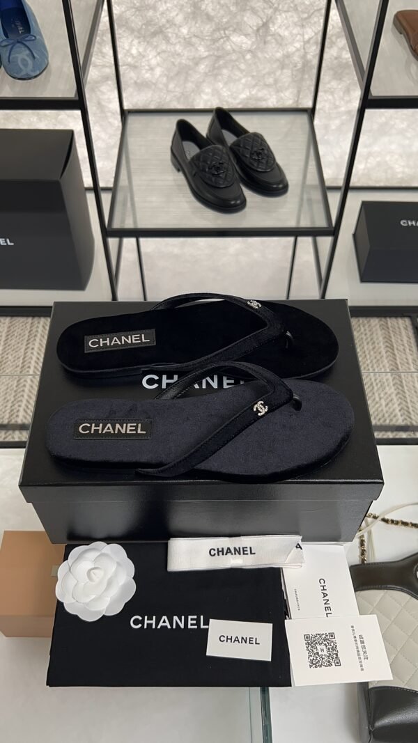 Chanel CC Black Velvet Crystal Thong Sandals