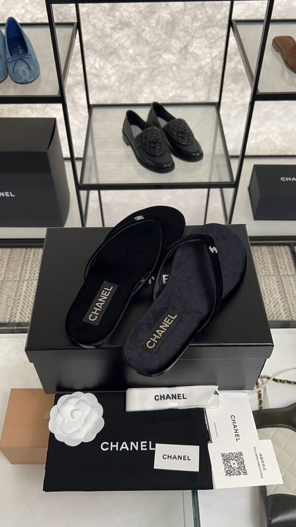 Chanel CC Black Velvet Crystal Thong Sandals