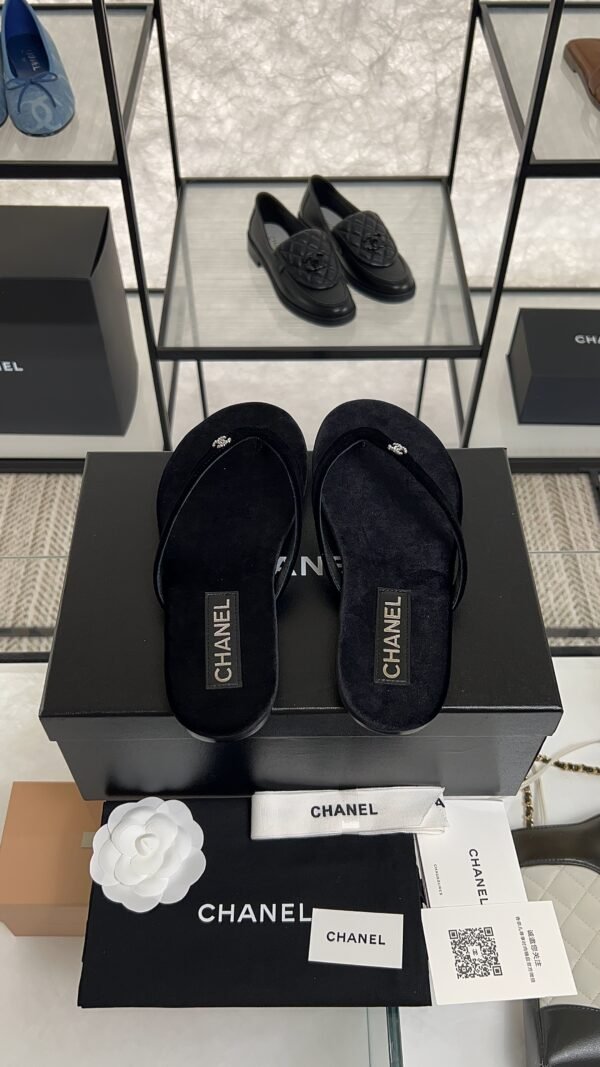 Chanel CC Black Velvet Crystal Thong Sandals