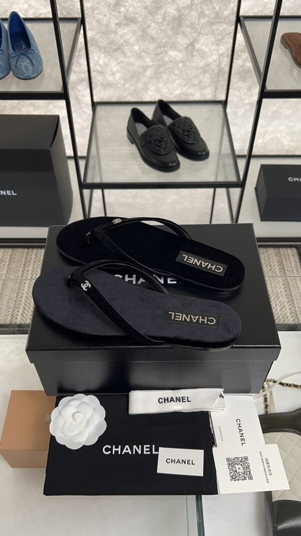 Chanel CC Black Velvet Crystal Thong Sandals