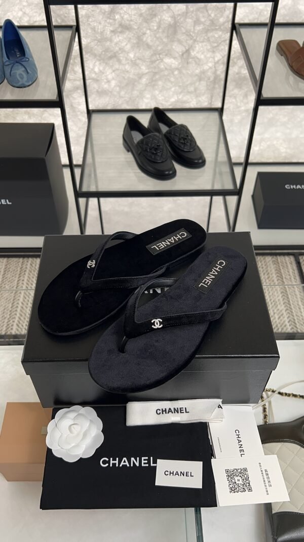 Chanel CC Black Velvet Crystal Thong Sandals