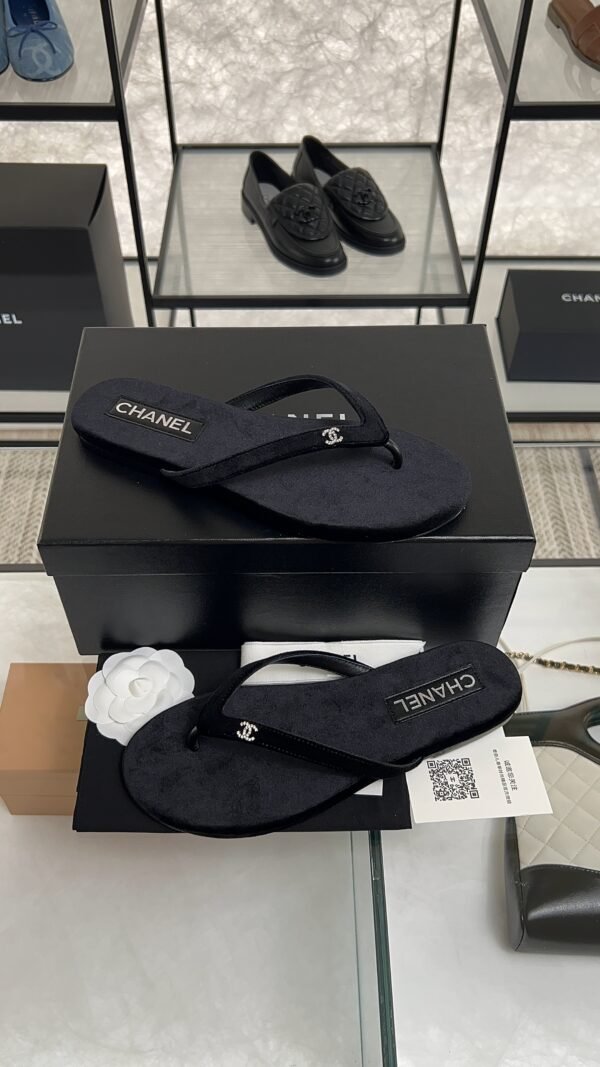 Chanel CC Black Velvet Crystal Thong Sandals