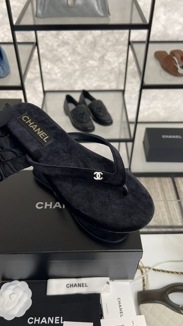 Chanel CC Black Velvet Crystal Thong Sandals