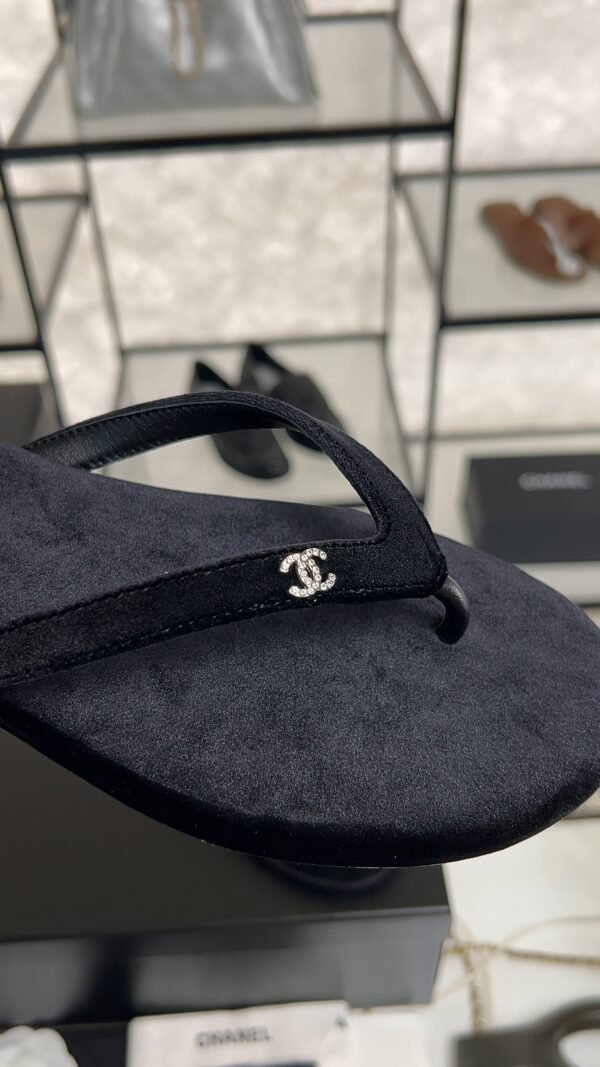Chanel CC Black Velvet Crystal Thong Sandals