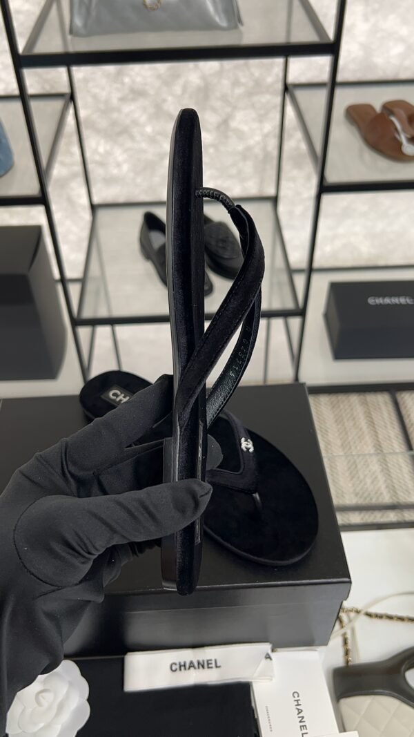 Chanel CC Black Velvet Crystal Thong Sandals