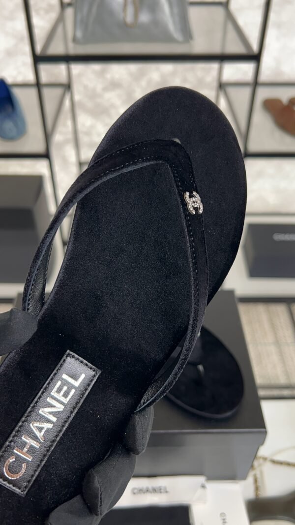 Chanel CC Black Velvet Crystal Thong Sandals