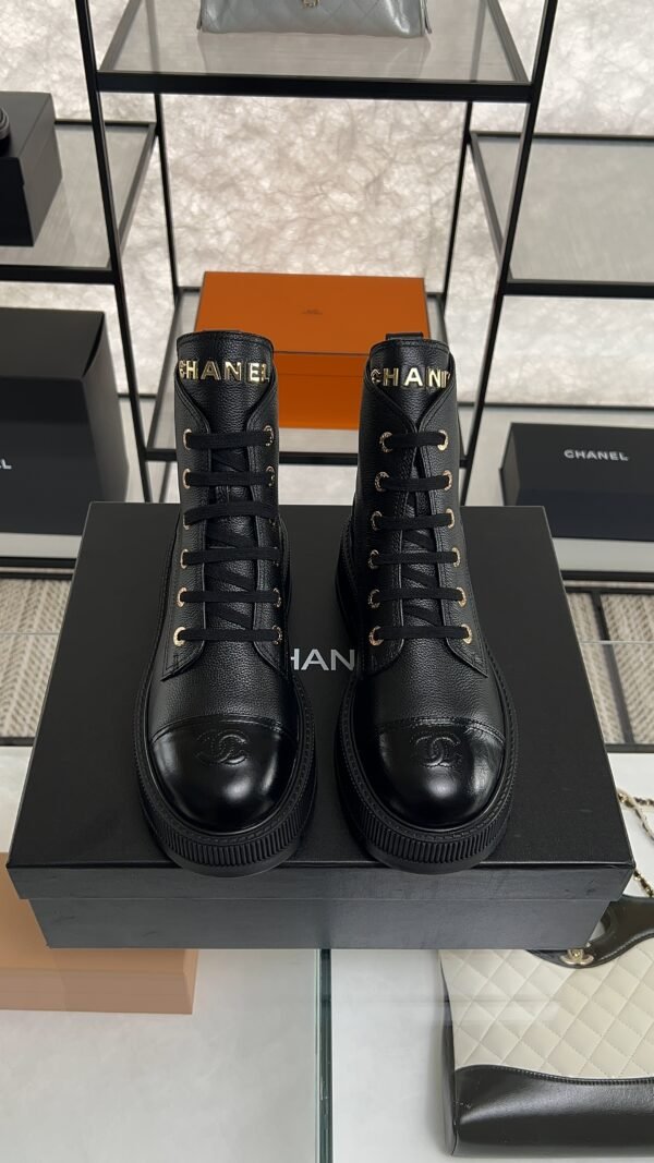 Chanel Grained Calfskin Shiny Calfskin CC Lace Up Combat Boots  Black