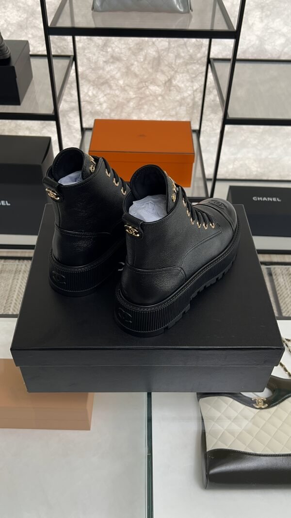 Chanel Grained Calfskin Shiny Calfskin CC Lace Up Combat Boots  Black
