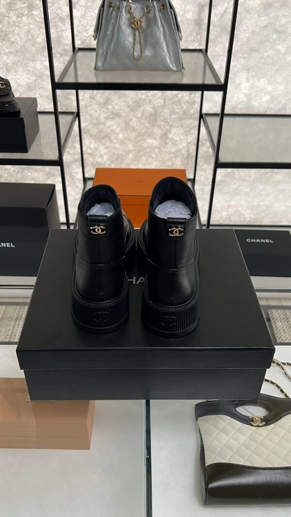 Chanel Grained Calfskin Shiny Calfskin CC Lace Up Combat Boots  Black