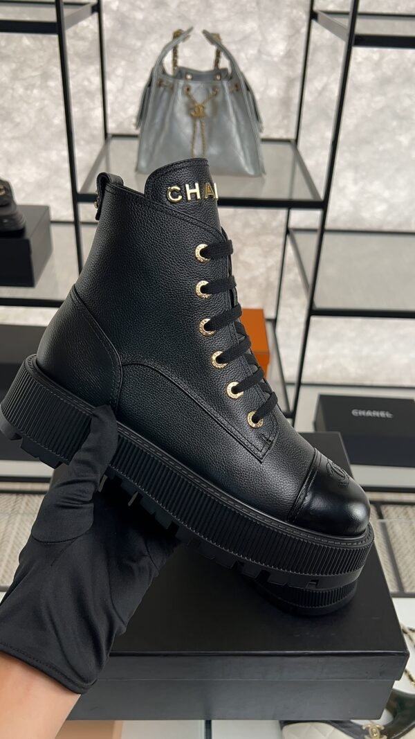 Chanel Grained Calfskin Shiny Calfskin CC Lace Up Combat Boots  Black