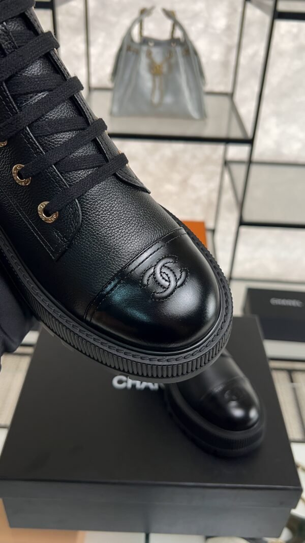 Chanel Grained Calfskin Shiny Calfskin CC Lace Up Combat Boots  Black