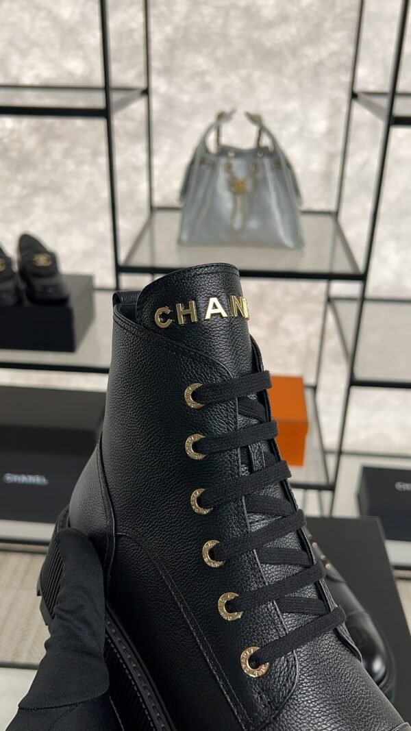 Chanel Grained Calfskin Shiny Calfskin CC Lace Up Combat Boots  Black
