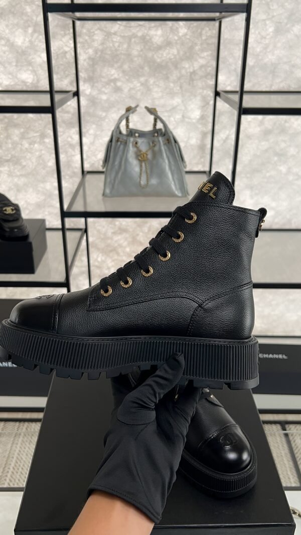 Chanel Grained Calfskin Shiny Calfskin CC Lace Up Combat Boots  Black