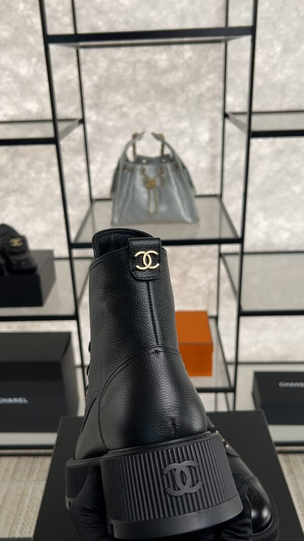 Chanel Grained Calfskin Shiny Calfskin CC Lace Up Combat Boots  Black