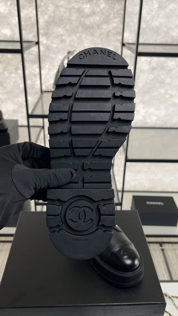 Chanel Grained Calfskin Shiny Calfskin CC Lace Up Combat Boots  Black