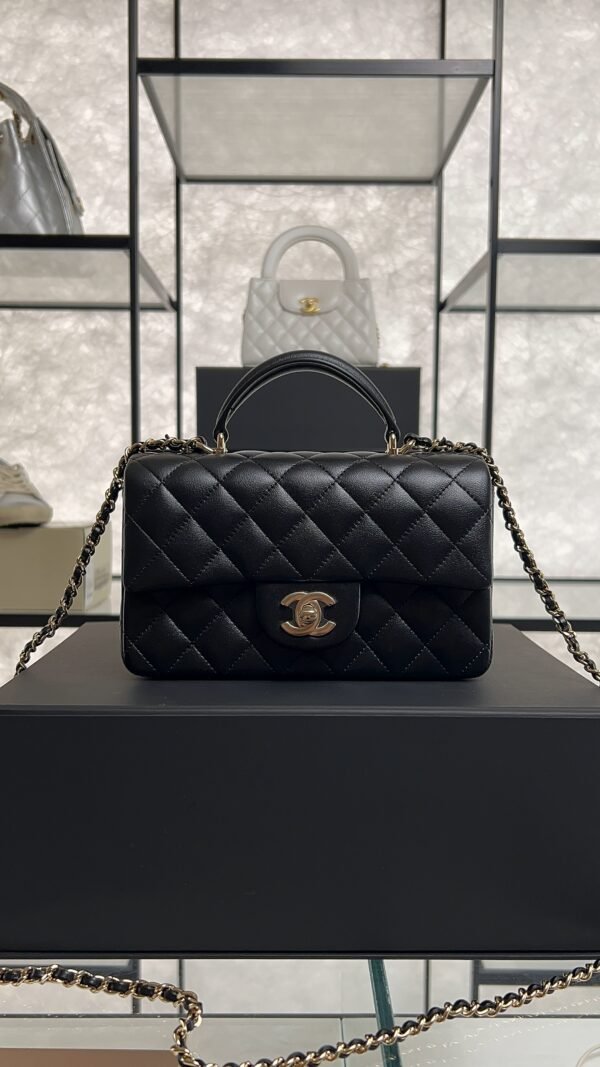 Chanel Lambskin Quilted Mini Top Handle Rectangular Flap Black