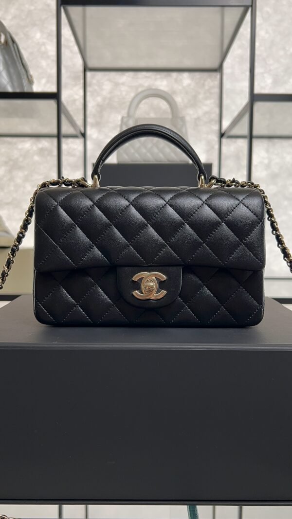Chanel Lambskin Quilted Mini Top Handle Rectangular Flap Black