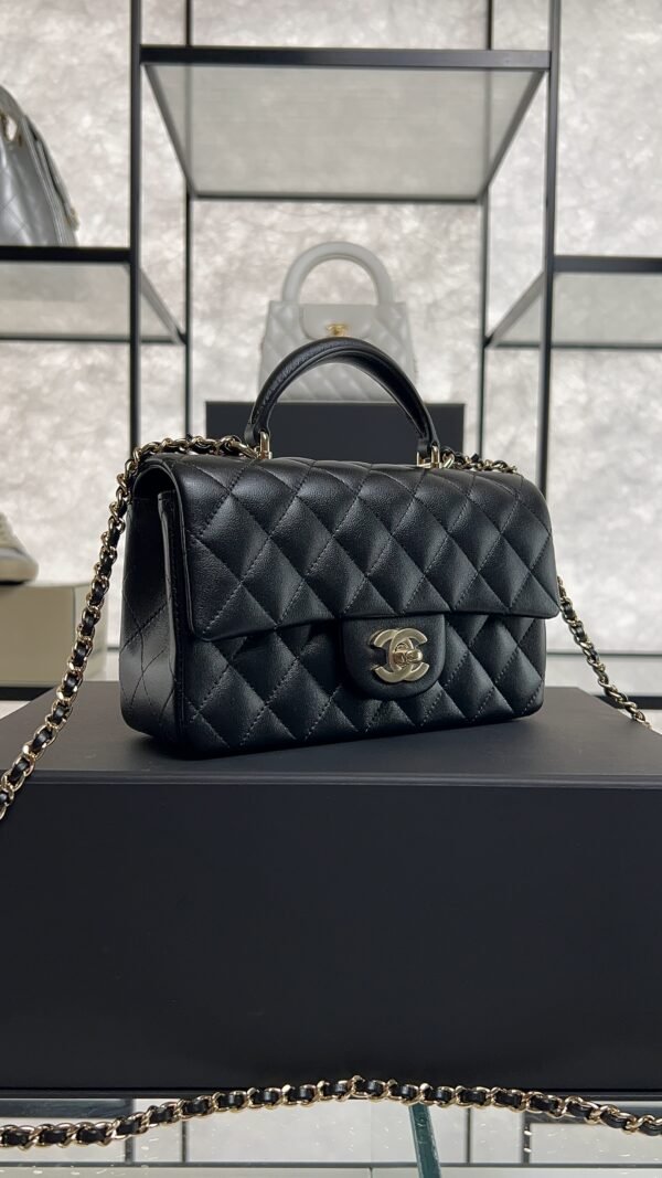 Chanel Lambskin Quilted Mini Top Handle Rectangular Flap Black