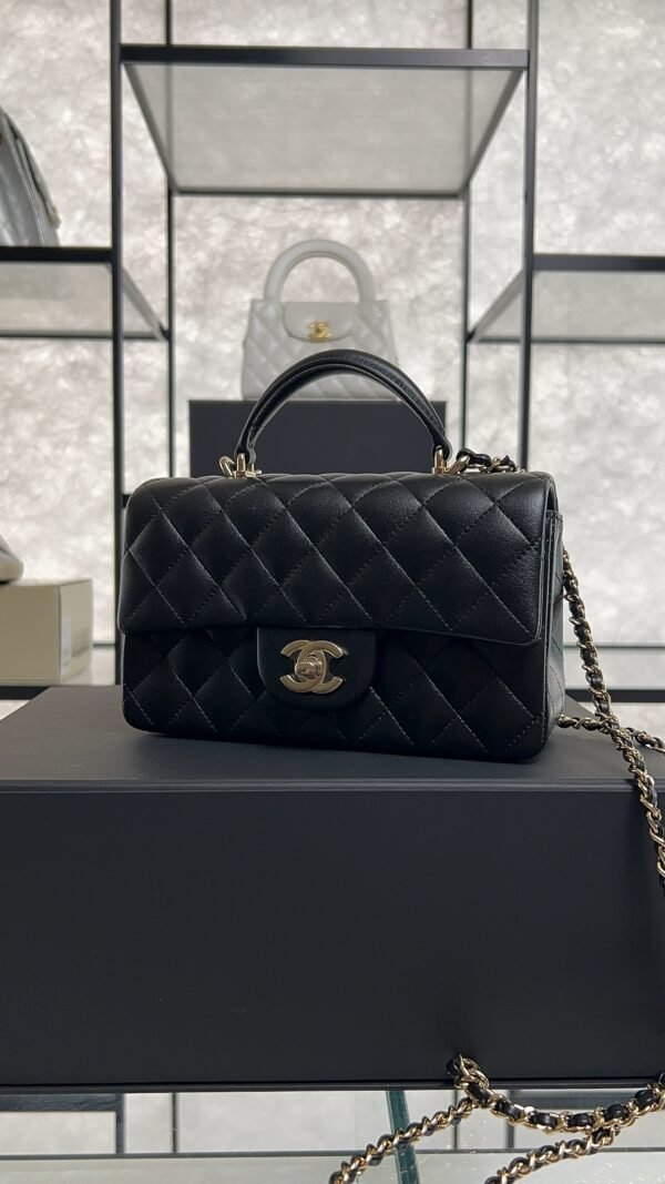 Chanel Lambskin Quilted Mini Top Handle Rectangular Flap Black