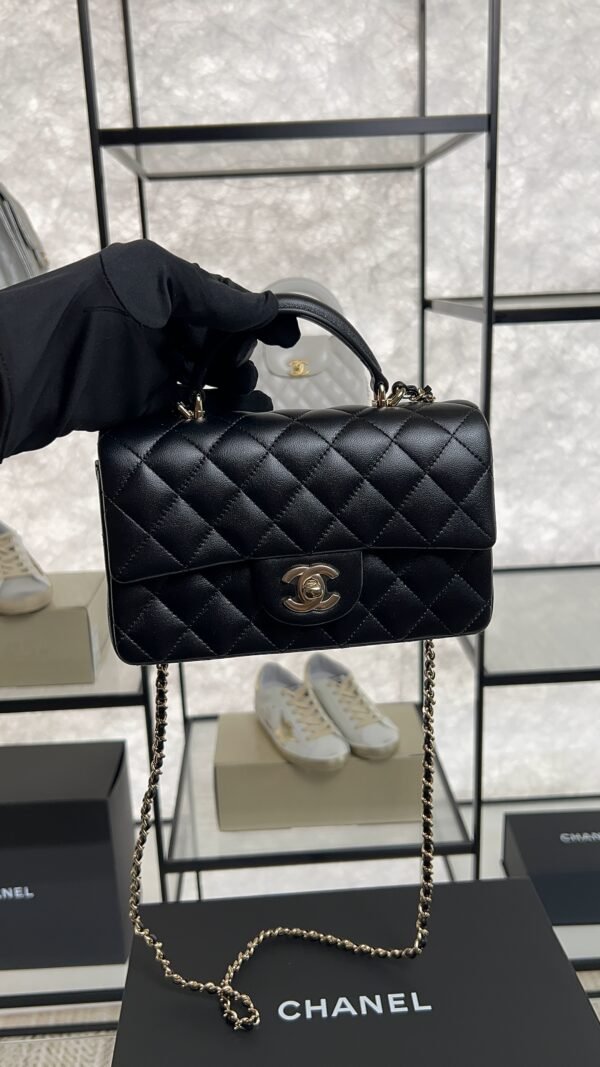 Chanel Lambskin Quilted Mini Top Handle Rectangular Flap Black
