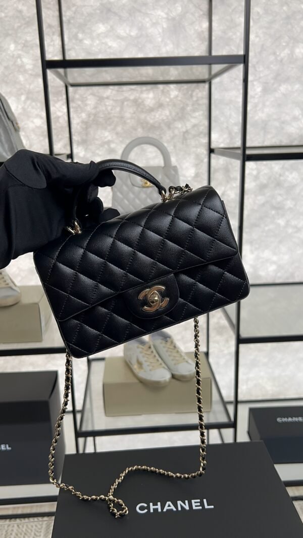 Chanel Lambskin Quilted Mini Top Handle Rectangular Flap Black