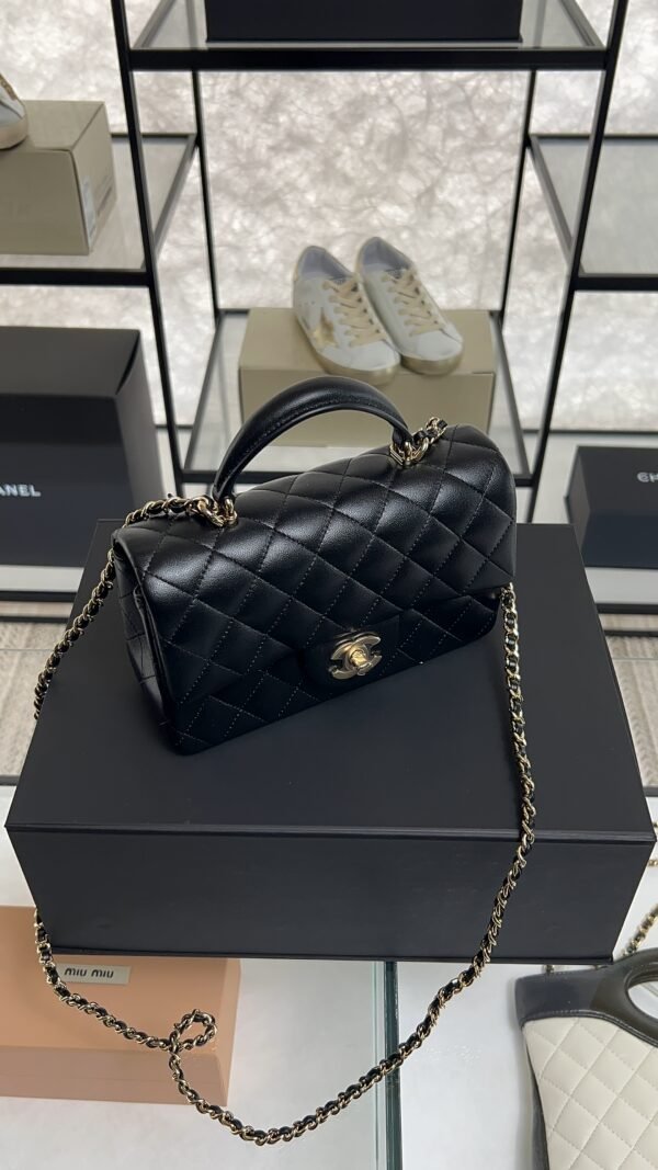 Chanel Lambskin Quilted Mini Top Handle Rectangular Flap Black