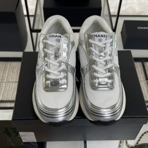 Chanel Fabric Laminated Calfskin Stretch CC Sneakers White Silver