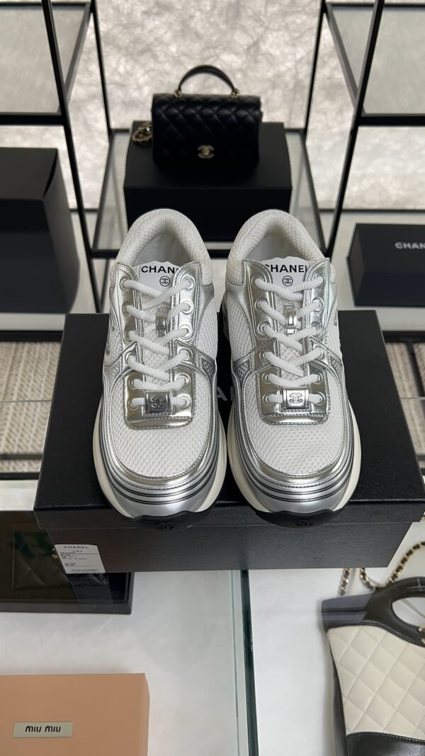 Chanel Fabric Laminated Calfskin Stretch CC Sneakers White Silver