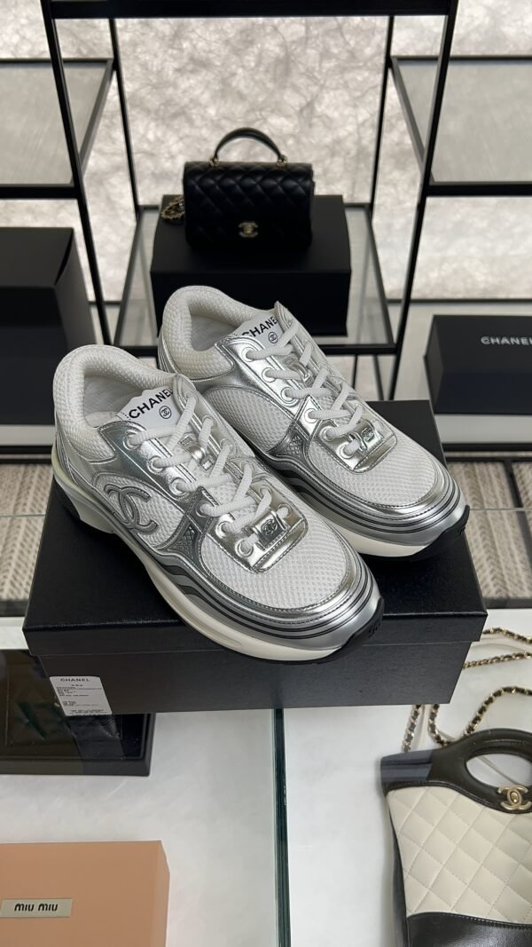 Chanel Fabric Laminated Calfskin Stretch CC Sneakers White Silver