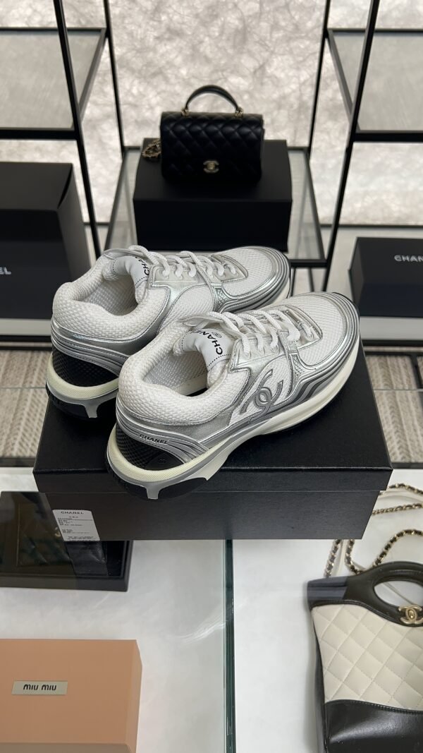 Chanel Fabric Laminated Calfskin Stretch CC Sneakers White Silver