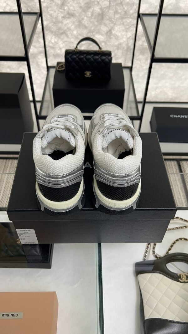 Chanel Fabric Laminated Calfskin Stretch CC Sneakers White Silver
