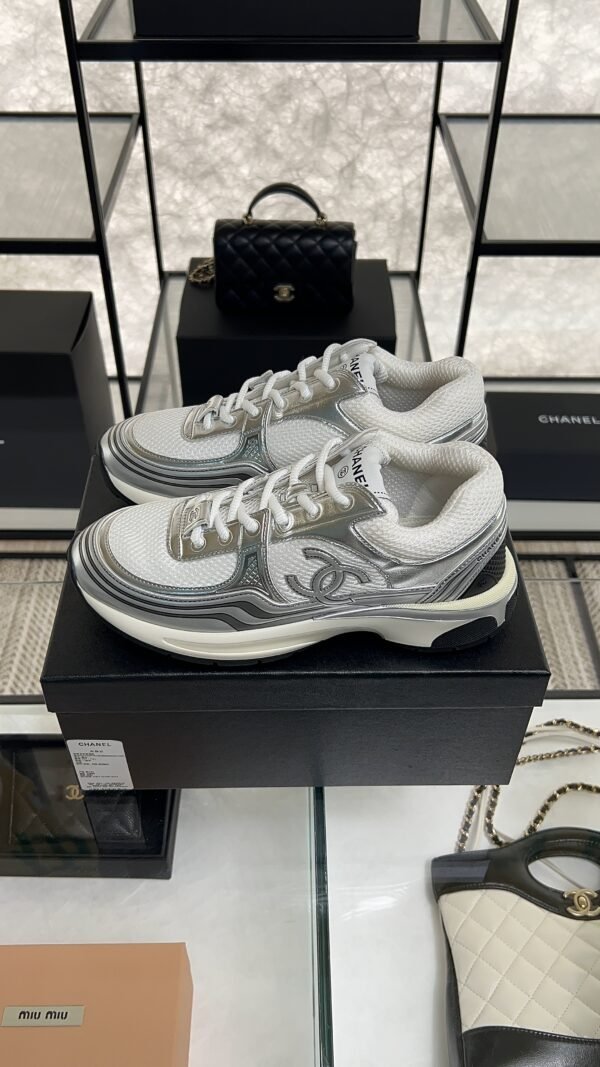Chanel Fabric Laminated Calfskin Stretch CC Sneakers White Silver